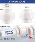 Diagram of 2 Inch PVC Union Pipe Fitting Socket To Socket, showing dimensions and features, frost and corrosion resistant