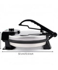 Baoblaze Electric Pancake Maker Nonstick Hinged Flatbread Press with black handle and stainless plate dimensions shown.