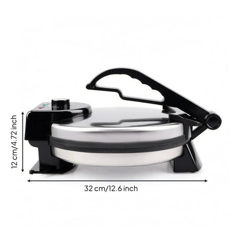 Baoblaze Electric Pancake Maker Nonstick Hinged Flatbread Press with black handle and stainless plate dimensions shown.