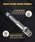 Close-up of 1/4 inch hex shank Impact Grade Socket Adapter Set Three Piece With Bit Holder One Quarter Inch Three Eighths Inch One Half Inch SAE Hex Shank Cr V Heat Treated For Cordless Drill And Screwdriver Heavy Duty Drill Bit Adapters.