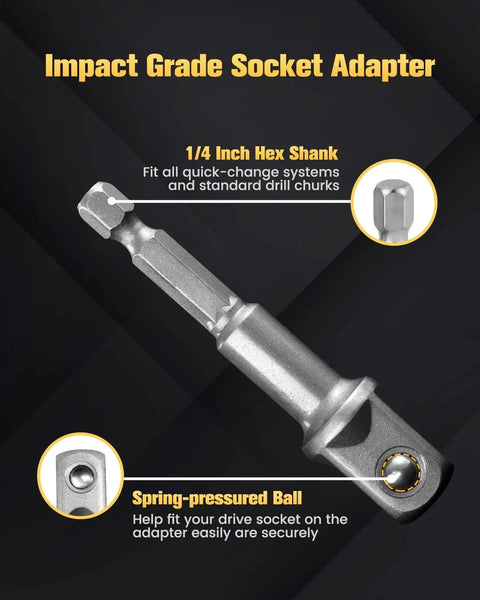 Close-up of 1/4 inch hex shank Impact Grade Socket Adapter Set Three Piece With Bit Holder One Quarter Inch Three Eighths Inch One Half Inch SAE Hex Shank Cr V Heat Treated For Cordless Drill And Screwdriver Heavy Duty Drill Bit Adapters.