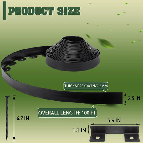 2.5 Inch Tall Black Landscape Edging Kit With 100 Ft Roll For Lawn And Garden Borders shown with connectors and spikes, product size details