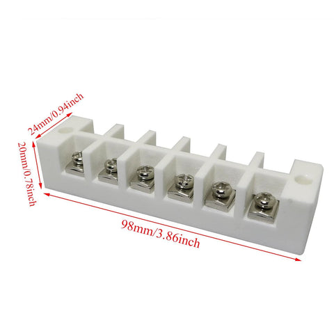 Six-position porcelain terminal block with screw terminals; front-angle view on white base