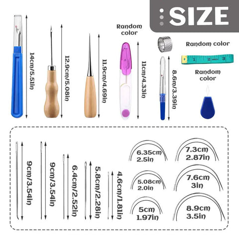 Assorted tools and needles with measurements from the Heavy Duty Upholstery Repair Kit With Leather Sewing Set, Waxed Thread, Assorted Needles And Awl For Car Carpet, Sofa And Shoes DIY Mending Kit For Quick, Durable Repairs.