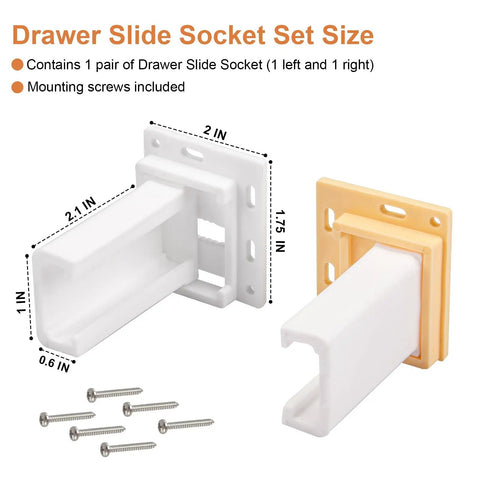 Easy Fit Drawer Slide Socket Set For Cabinets And RVs, Fits 1 Inch Drawer Slides with mounting screws, includes left and right sockets