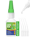 Front view of medium viscosity CA glue bottle with green cap, 20 g, and four applicator tips