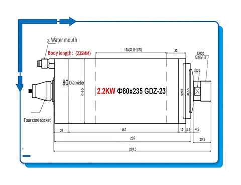 Top Shelf 2.2kw Water Cooled Electric Woodworking Spindle Motor featuring dimensions and specifications in detailed diagram format.
