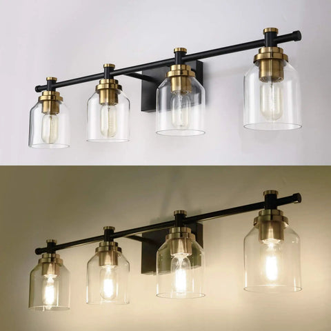 Vintage Vanity Light Over Mirror Wall Sconce For Bathroom Black Brass Fixture With Easy 15 Minute Install, Classic Over Vanity Bath Lighting, Four Light Wall Lamp shown lit and unlit.