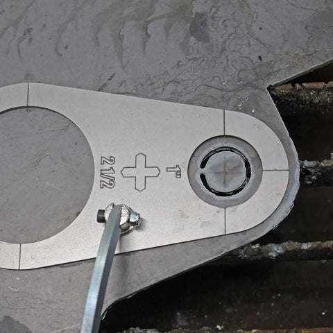 Circle Cutter Guide Stencil Kit For Plasma Cutters, Five Piece Set, 0.430 Inch Circles shown cutting metal with stencil in use