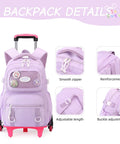 Girls Rolling Backpack For School With Wheels Durable Lightweight Polyester Trolley Bag Detailed Features Displayed