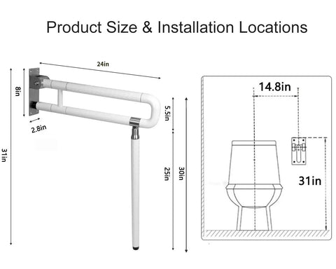 Diagram showing 24 Inch Toilet Safety Rail Wall Mount Foldable Grab Bar installation and dimensions next to toilet