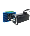 Front view of black NEMA 34 closed-loop stepper motor with brake and blue heatsink driver module