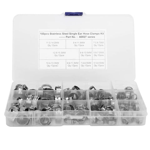 Fabater Stainless Steel Single Ear Hose Clamp Crimp Stepless Assortment Kit 100 Pcs 360 Degree Endless Design Perfect For Small Cars Trucks And Agricultural Vehicles Heavy Duty Build That Hits the Spot, plastic organizer case with 5.3-15.3mm clamps