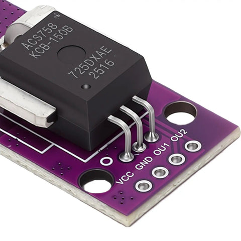 Rock Hard Hall Current Sensor Module Rated At One Hundred Fifty Amps with ACS758 chip and purple PCB for motor control.