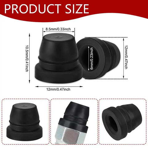18 Pack Heavy Duty Rubber Brake Bleeder Screw Caps and Durable Grease Fitting Zerk Caps detailed dimensions and design view.