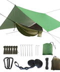 Army Green Oversized Waterproof Rain Fly Camping Hammock With Mosquito Net And Tree Straps Carabiners Poles And Gear.