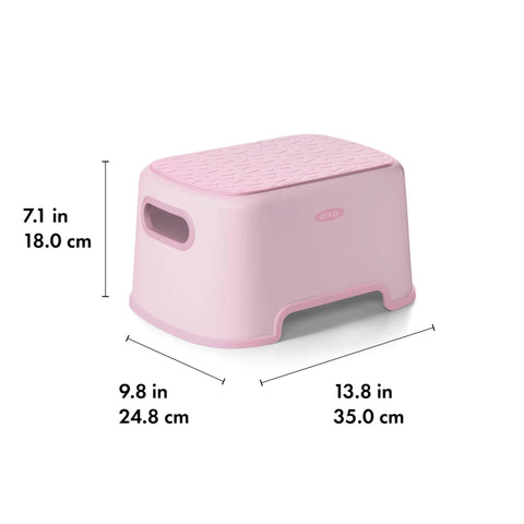 Rock Solid Toddler Step Stool With Sure Grip Rubber Base And Light Carry Handles, 7.1-inch height, pink, safe for kids.