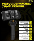 Close-up of Straight Plug And Play 433 Mhz Tpms Tire Pressure Sensor, preprogrammed, compatible with GM models, displays specs clearly.