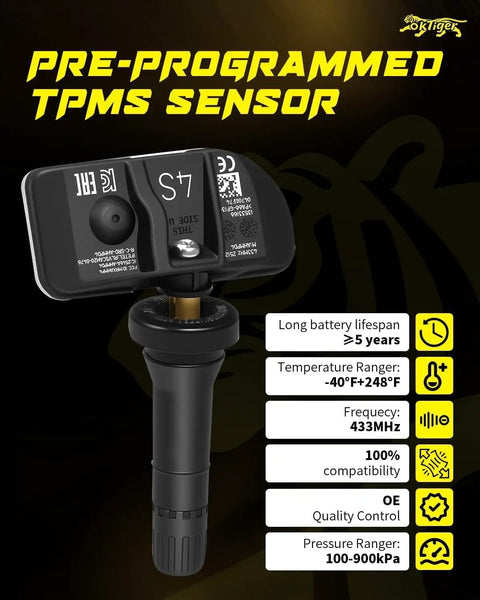 Close-up of Straight Plug And Play 433 Mhz Tpms Tire Pressure Sensor, preprogrammed, compatible with GM models, displays specs clearly.