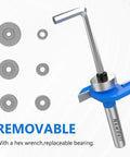 Rabbet Router Bit Set With One Quarter Inch Shank Includes Four Cutting Heights And Six Interchangeable Bearings For Depths In Easy To Use Woodworking Kit Built With YG8 Carbide Blade For Precise Rabeting And Biscuit Slot Cutting, showing bearings with hex wrench.
