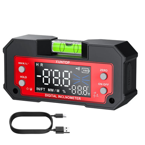 Dual Axis Digital Angle Finder with LED display and USB-C charger, for woodworking and table saw setup, magnetic base