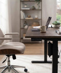 Heavy Duty 24V Height adjustable desk motor kit with manual control setup featuring ergonomic office chair and workspace.