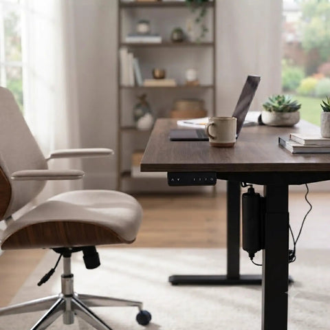 Heavy Duty 24V Height adjustable desk motor kit with manual control setup featuring ergonomic office chair and workspace.