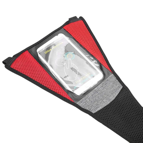 Elastic Bike Sweat Band With Attachments For Indoor Cycling Trainer Black Mesh Denim 56x21cm With Handy Phone Pocket Fits Up To 5.5 Inch Phone Keeps Sweat Off Your Screen And Your Bike Finish showing phone pocket with smartphone inside on top