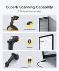 2D Wireless Barcode Scanner With TFT Screen And Dual CMOS CCD Sensors For Long Codes Bluetooth QR Reading With Cradle displayed with connection options: 2.4G base, Bluetooth, and wired to laptop.