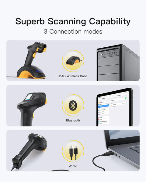2D Wireless Barcode Scanner With TFT Screen And Dual CMOS CCD Sensors For Long Codes Bluetooth QR Reading With Cradle displayed with connection options: 2.4G base, Bluetooth, and wired to laptop.