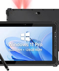 Built Like A Tank Rugged Tablet With Integrated Barcode Scanner 10.1 Inch Windows 11 Pro showing the front and rear with pen.
