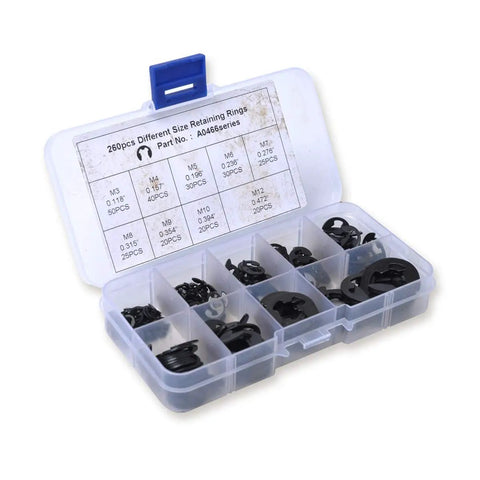 260 Piece E Clip Retaining Ring Snap Ring Kit With 9 Common Sizes From 3mm To 12mm in a clear organizer case