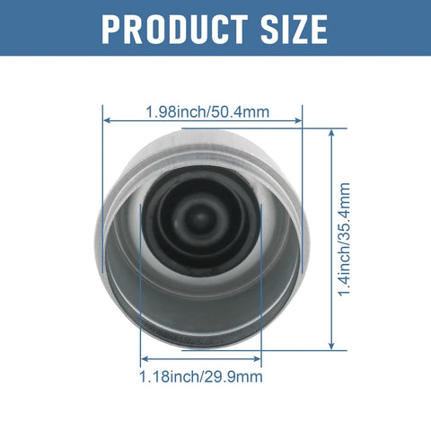 Front view of metal trailer axle dust cap cup grease cover with rubber seal; outer diameter 1.98 inches.