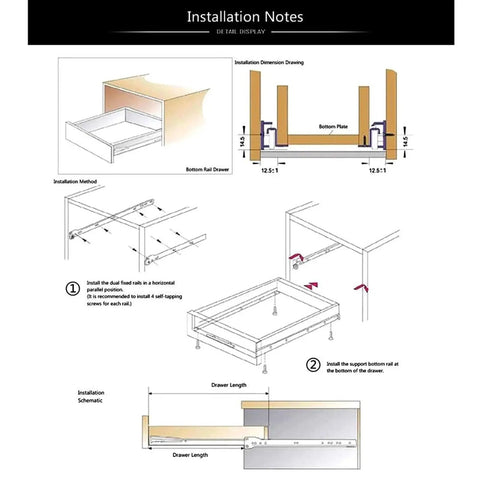 Installation notes for Full Extension Drawer Slides Set For Desks And Furniture, 14-inch, with dimension drawing and instructions.