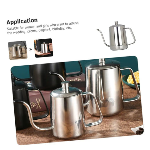 Smooth Pour Long Spout Coffee Kettle With Lid Stainless Steel Tea Pot For Home Office Brewing Gear Non Drip Design on a wooden table.