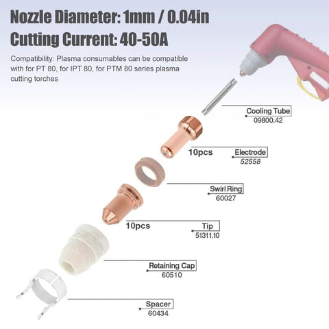 Fresh 20 Pcs Brass Plasma Cutter Consumables Kit With Nozzles And Electrodes for PT80 components and specifications