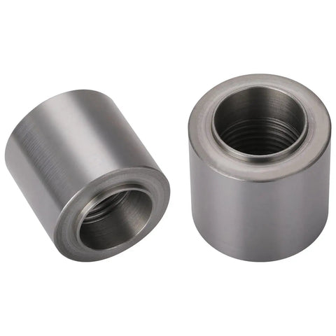 Two steel 1/2 NPT Female Weld On Bung Fitting Adapters, CNC Machined, shown from the side, showcasing precision tapered thread.