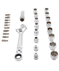 Pass Through Socket Set With Three Eighths And One Half Inch Drive Sockets Seventy Two Tooth Reversible Ratchet Hex Square And Spline Bits Garage Ready Tool Kit For Automotive Repair Makes Long Bolts And Studs Easy In Tight Spots spread out on white background