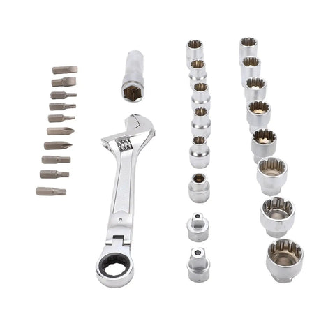 Pass Through Socket Set With Three Eighths And One Half Inch Drive Sockets Seventy Two Tooth Reversible Ratchet Hex Square And Spline Bits Garage Ready Tool Kit For Automotive Repair Makes Long Bolts And Studs Easy In Tight Spots spread out on white background