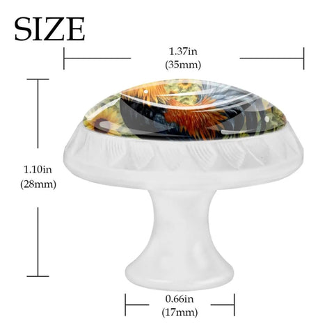 4 Pack White Dresser Knobs Set With Sunflower Rooster Fence Pattern Mushroom Pulls For Drawers Cabinets Cupboards Kitchen Closet And Wardrobe Doors 35mm Diameter Durable ABS Crystal Glass shown from the side with dimensions