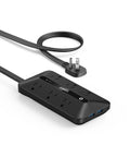 Sleek Power Strip With 300J Surge Protection And 5 Foot Extension Cord, 6 AC outlets, dual USB ports, black color.