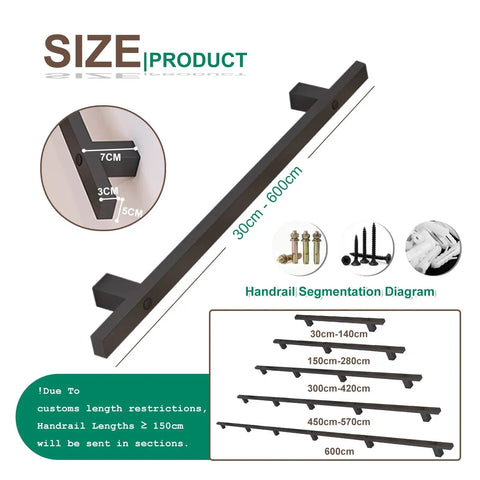 Rock Solid Wrought Iron Stair Railing Black Handrail For Staircase With Concealed Screw Mounts For sleek diagram displaying size options 30cm - 600cm.