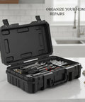 Black Portable Plastic Tool Box With Handle For Hardware Storage open on counter, organized with screws and tools for quick repairs