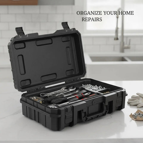 Black Portable Plastic Tool Box With Handle For Hardware Storage open on counter, organized with screws and tools for quick repairs