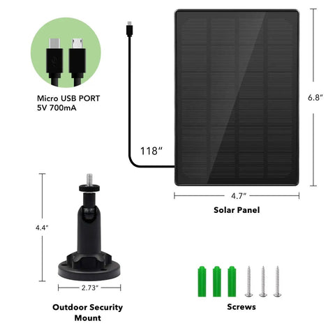 Diagram of Two Pack Solar Panel Kit For Wireless Outdoor Security Cameras That Use 5V Micro USB Rechargeable Battery Power Keeps Wyze Cam And EufyCam 2 Pro And Similar Cameras Charged Outdoors All Day Weatherproof Three Point Five Watt Each Panel showing dimensions and mounting accessories