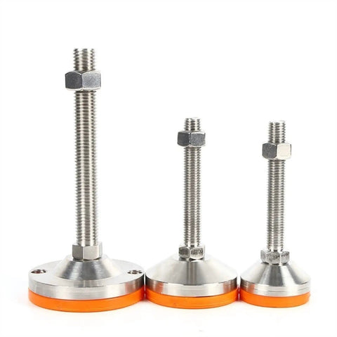 Heavy Duty Adjustable Leveling Feet With 80mm Stainless Steel Base Four Pack, showing three sizes with orange bases, ideal for uneven floors.