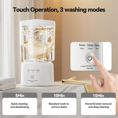 Touch operation interface of No Sweat Rechargeable Mini Washing Machine For Underwear And Makeup Brushes with timer settings.