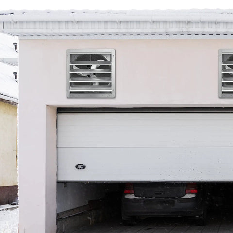 Powerhouse 16 Inch Shutter Exhaust Fan With AC Motor Delivers 2000 CFM installed on garage wall for ventilation