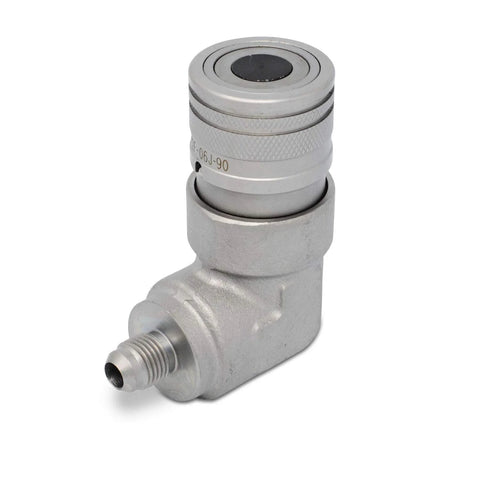 Summit Hydraulics 90-degree flat-face skid steer hydraulic quick-connect coupler, 3/8 in JIC male thread, silver metal