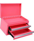 Pink Mini Toolbox Featuring Two Smooth Pullout Drawers And Heavy Duty Iron Frame Compact Portable Gear Case Rig Ready For Job Sites Craft Tables And Mobile Workshop Hella Tough, open view with interior.
